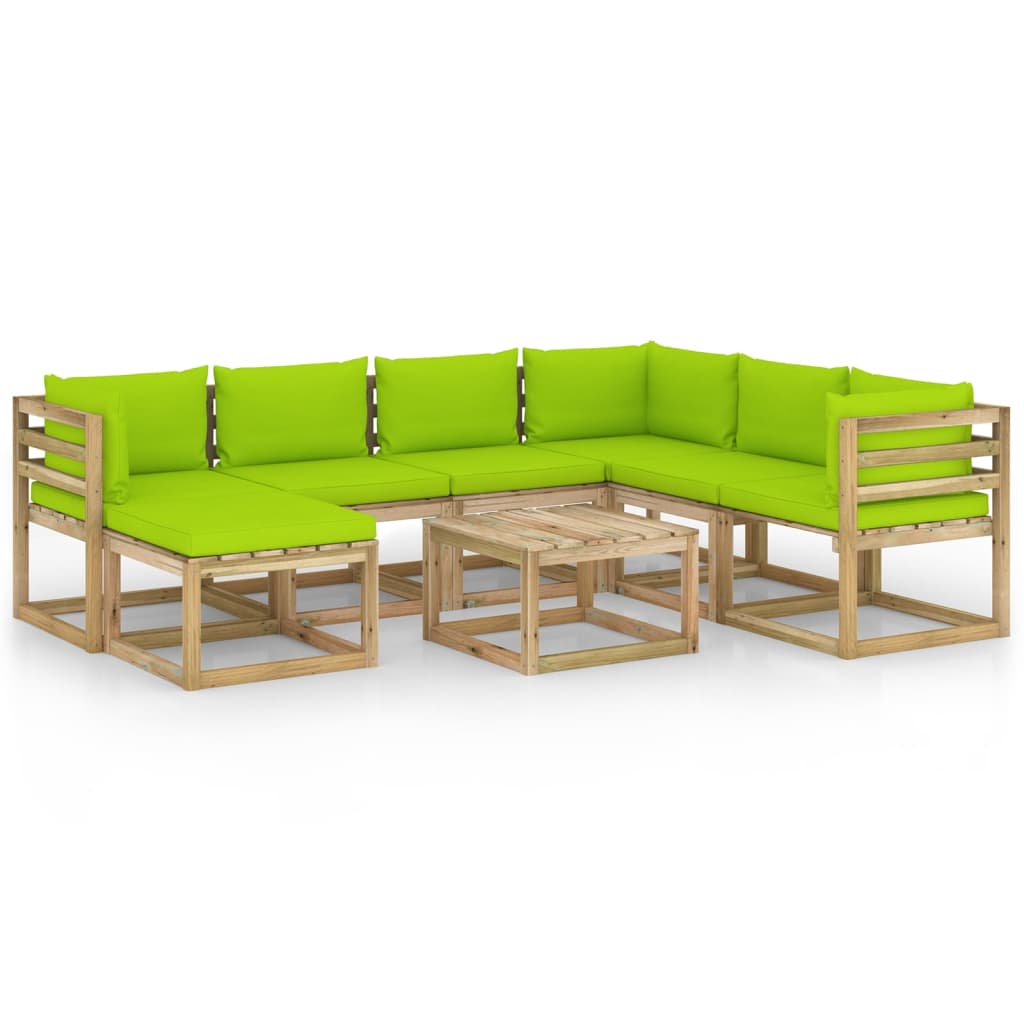 Set mobilier de gradina canapea U cu masuta si perne 8 piese, vidaXL, Lemn de pin tratat, Maro, Perne verde aprins