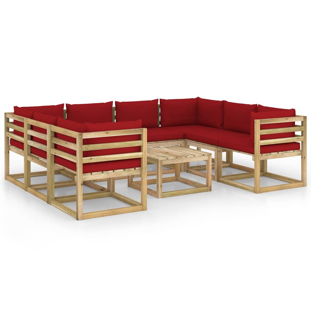 Set mobilier de gradina canapea U cu masuta si perne 9 piese, vidaXL, Lemn de pin tratat, Maro, Perne rosu