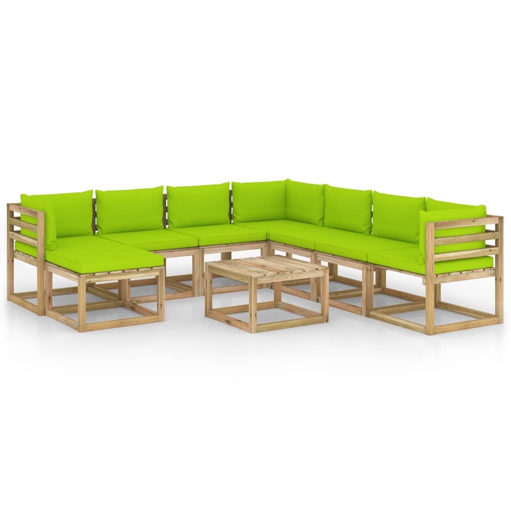 Set mobilier de gradina canapea cu masuta si perne 9 piese, vidaXL, Lemn de pin tratat, Maro, Perne verde aprins