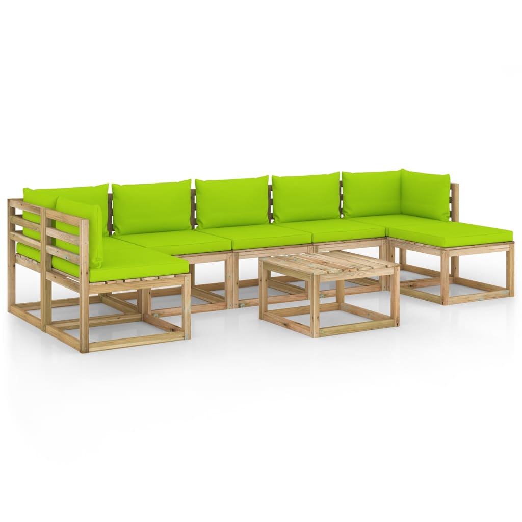 Set mobilier de gradina canapea cu masuta si perne 8 piese, vidaXL, Lemn de pin tratat, Maro, Perne verde aprins
