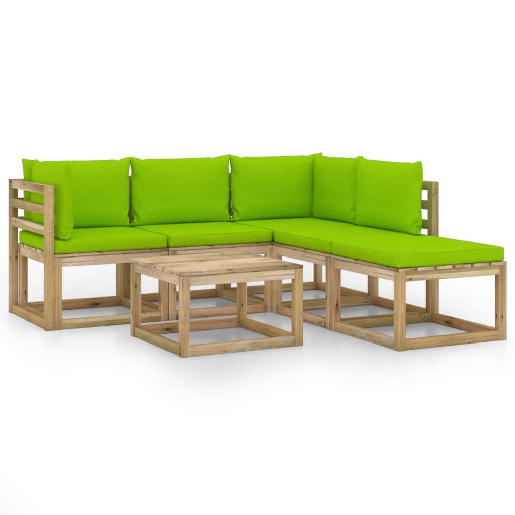 Set mobilier de gradina canapea L cu masuta si perne 6 piese, vidaXL, Lemn de pin tratat, Maro, Perne verde aprins