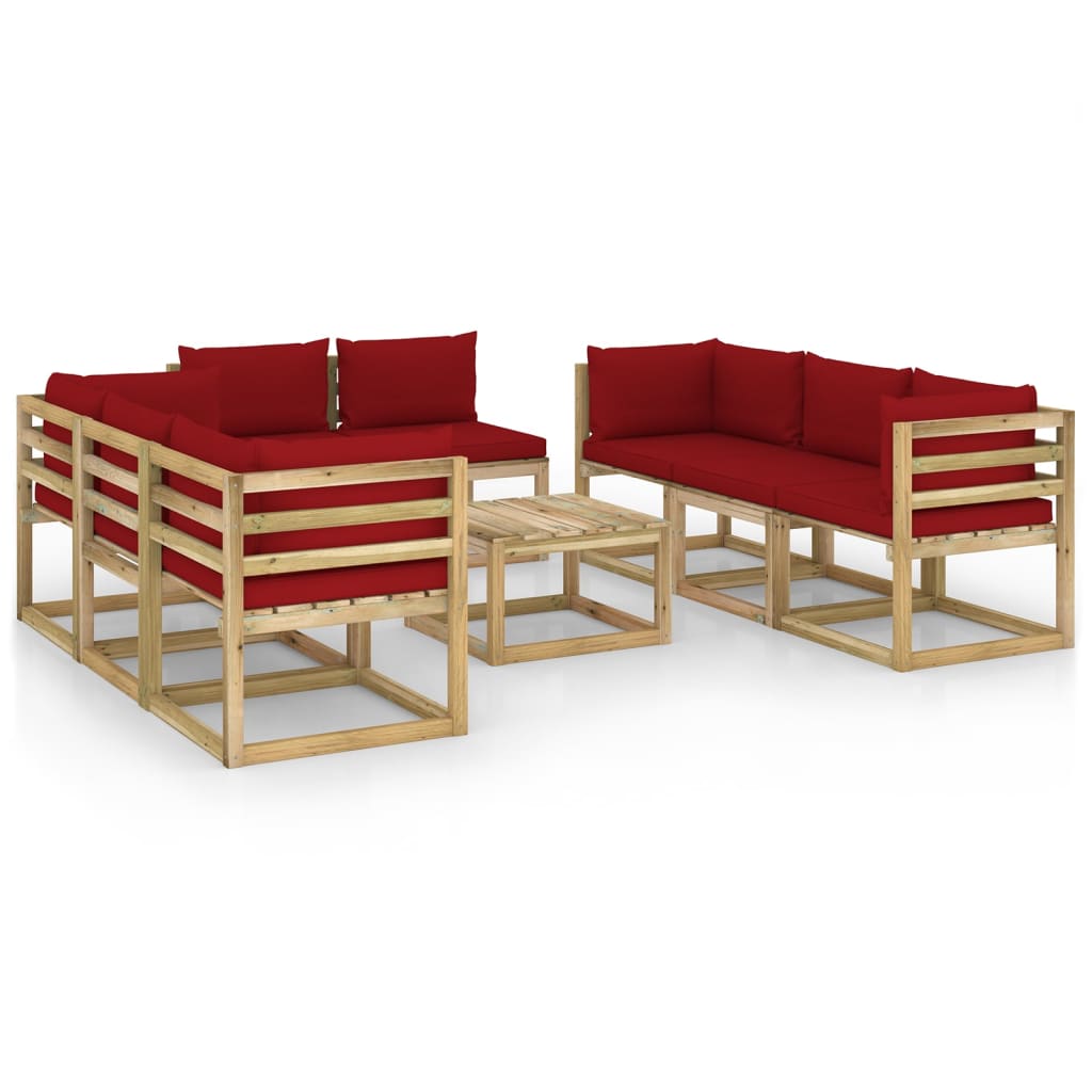 Set mobilier de gradina canapele cu masuta si perne 9 piese, vidaXL, Lemn de pin tratat, Maro, Perne rosu