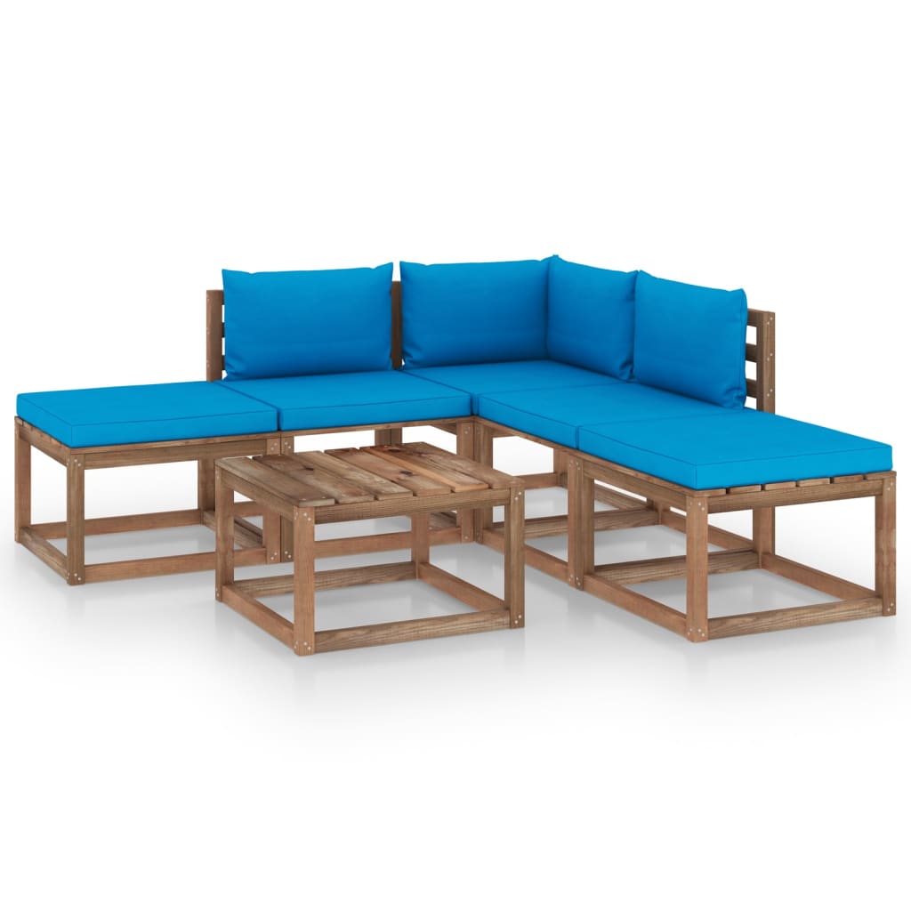 Set mobilier de gradina 6 piese canapea L, masuta si perne, vidaXL, Lemn de pin tratat, Maro inchis cu perne albastru deschis