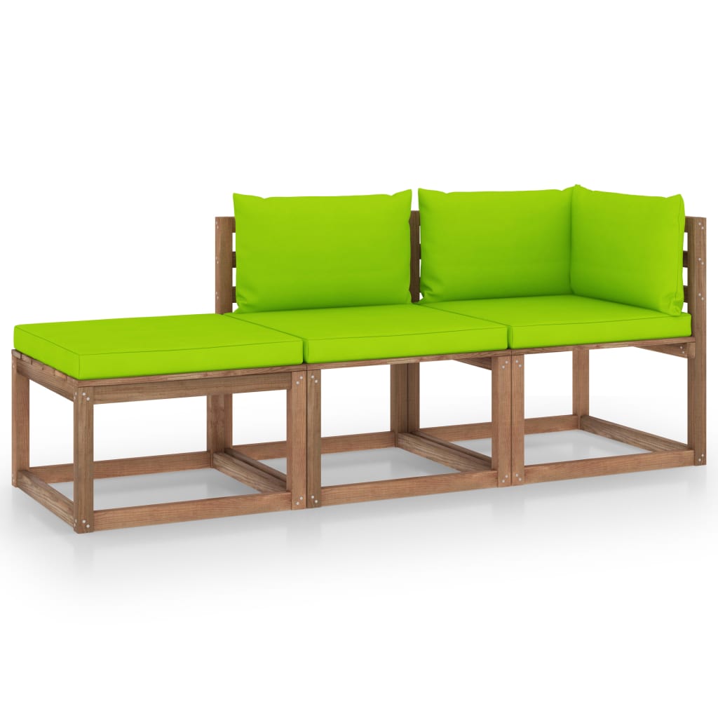 Set mobilier de gradina 3 piese canapea cu taburet si perne, vidaXL, Lemn de pin tratat, Maro inchis cu verde aprins