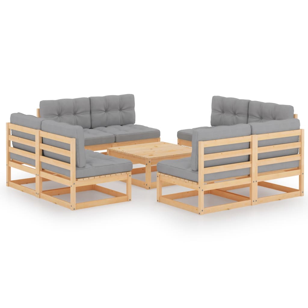 Set mobilier de terasa 9 piese - canapele cu perne sezut si spatar si masuta cafea, vidaXL, Lemn masiv de pin, Maro miere/Perne gri