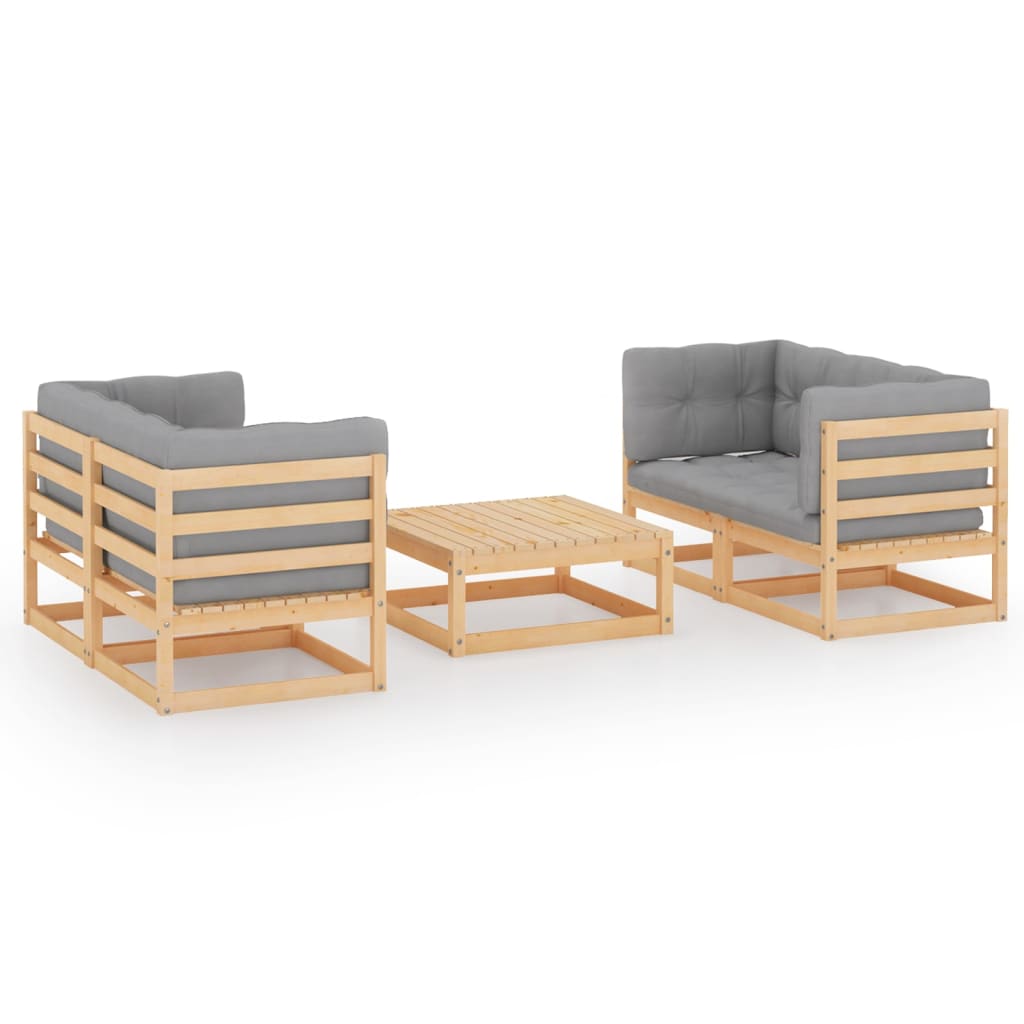 Set mobilier de terasa 5 piese canapele cu perne si masuta, vidaXL, Lemn masiv de pin, Maro-perne gri