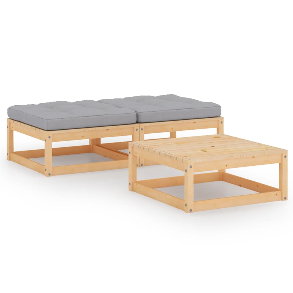 Set mobilier de terasa 3 piese canapea cu masuta cu perne, vidaXL, Lemn masiv de pin, Maro-perne gri