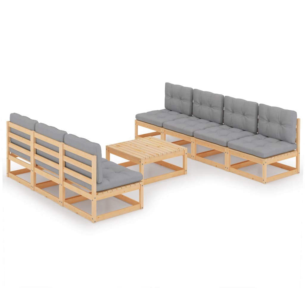 Set mobilier de terasa 8 piese canapele cu perne sezut spatar si masuta cafea, vidaXL, Lemn de pin, Maro miere/Perne gri