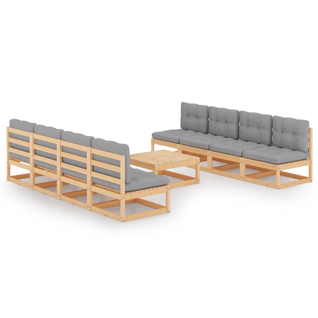 Set mobilier de terasa 9 piese canapele cu perne sezut spatar si masuta cafea, vidaXL, Lemn de pin, Maro miere/Perne gri