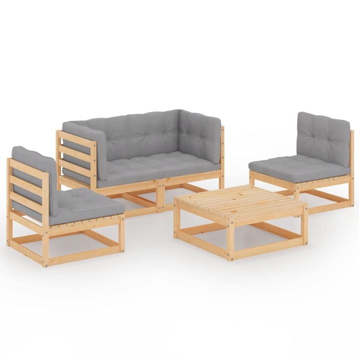Set mobilier de gradina vidaXL, 5 piese, cu perne, lemn masiv de pin, 70 x 70 x 67 cm, 55.06 kg