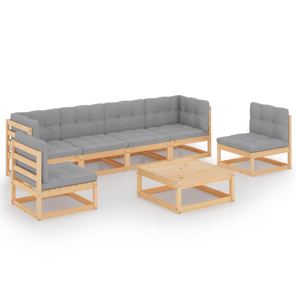 Set mobilier de terasa 7 piese canapea cu 2 fotolii si masuta, vidaXL, Lemn masiv de pin, Maro miere si perne gri