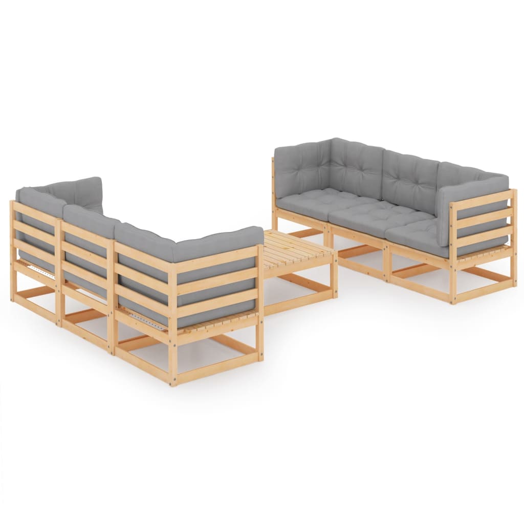 Set mobilier de terasa 7 piese canapele cu masuta cafea si perne, vidaXL, Lemn de pin, Maro miere si perne gri