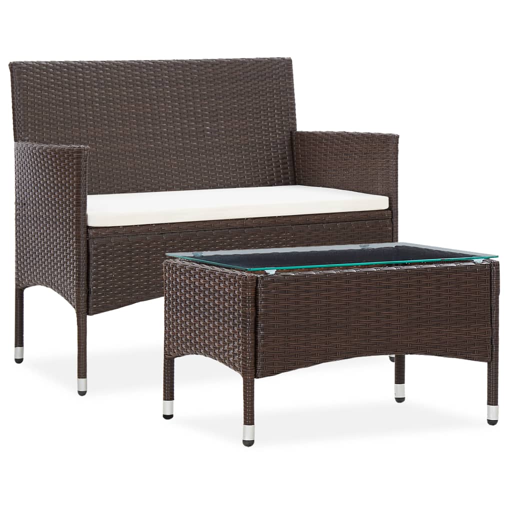 Set mobilier de gradina cu perna 2 piese canapea cu masa, vidaXL, Ratan-Sticla, Maro cu perna crem