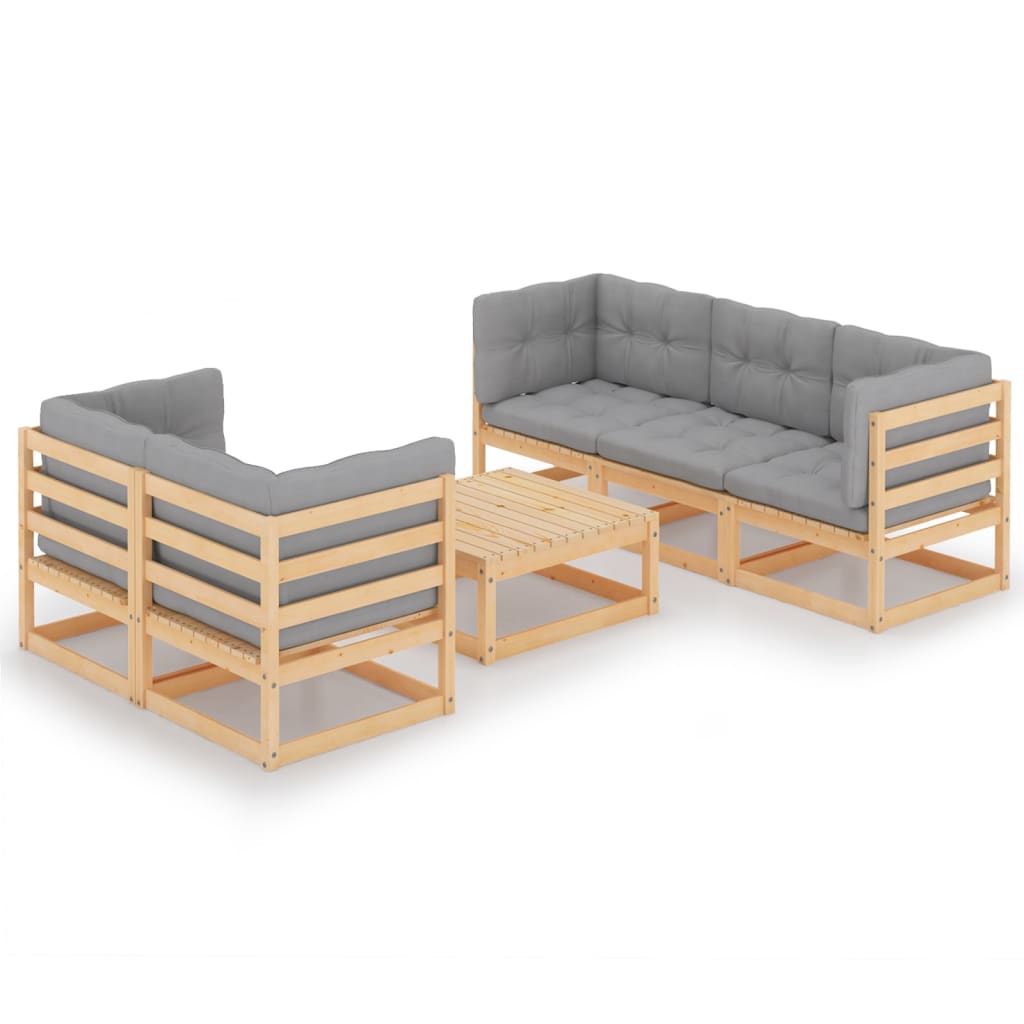 Set mobilier de terasa 6 piese canapele cu masuta cafea si perne, vidaXL, Lemn de pin, Maro miere si perne gri