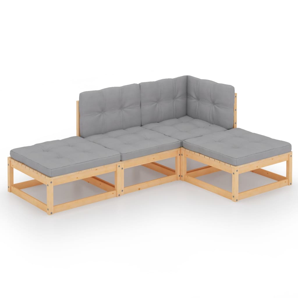 Set mobilier de terasa 4 piese canapea L cu perne sezut si spatar, vidaXL, Lemn masiv de pin, Maro-Perne gri