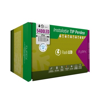 Instalatie Tip Perdea IP65, 27m x 2m, 5400 LED-uri, Alb rece, cu flash, Alimentator si prelungitor 6,5 m, Interconectabila, Fir negru, Flippy Instalatie Tip Perdea IP65, 27m x 2m, 5400 LED-uri, Alb rece, cu flash, Alimentator si prelungitor 6,5 m, Interconectabila, Fir negru, Flippy