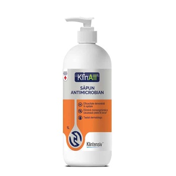 Sapun dantimicrobian pentru maini, delicat cu mainile, cu 2% clorhexidina, flacon cu pompita dozatoare, KLINALL, 1L Sapun dantimicrobian pentru maini, delicat cu mainile, cu 2% clorhexidina, flacon cu pompita dozatoare, KLINALL, 1L