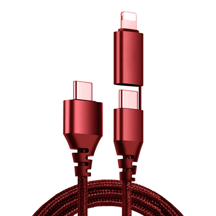 Кабел за бързо зареждане и пренос на данни, 2 в 1, PD, 1 м, EVTrend® Premium, USB-C към USB-C, Lightning, за Android/ iOS, червен