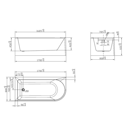 Cada de Baie Freestanding pe colt 1700 HUIDA Pozitionare Colt Stanga