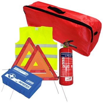 Set pachet prim ajutor auto, trusa sanitara PET, stingator 1kg SEP, triunghi presemnalizare 2buc, vesta reflectorizanta SEP, geanta organizatoare Rosu Set pachet prim ajutor auto, trusa sanitara PET, stingator 1kg SEP, triunghi presemnalizare 2buc, vesta reflectorizanta SEP, geanta organizatoare Rosu