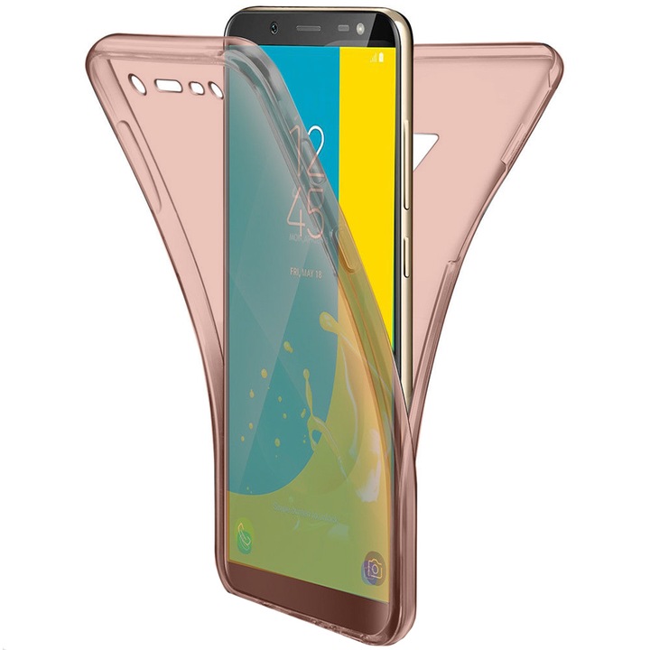 Husa de protectie 360° (fata si spate) ultra subtire Pentru Samsung Galaxy J6 (2018), Din TPU, Rose Gold/Transparent