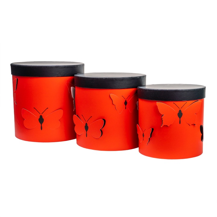 Set 3 cutii cu forma cilindrica si model de fluturasi, rosu / CD 4385-ROSU