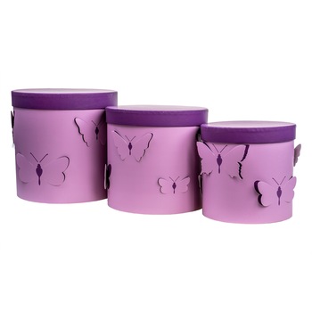 Set 3 cutii cu forma cilindrica si model de fluturasi, mov / CD 4385-MOV Set 3 cutii cu forma cilindrica si model de fluturasi, mov / CD 4385-MOV