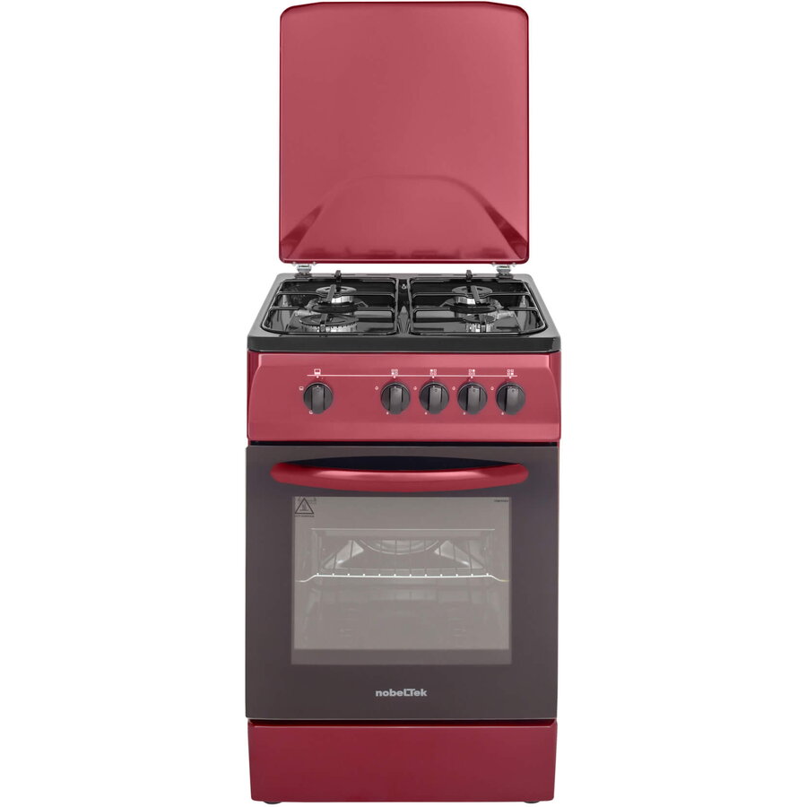 Aragaz NobelTek NLT 1065BD/G1, Gaz, 4 arzatoare, Dispozitiv siguranta plita si cuptor, 50 x 60 cm, Rosu Bordeaux