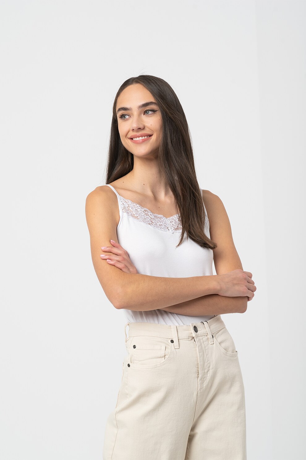 Sisters Point, Top cu insertii de dantela Vumi, Alb optic