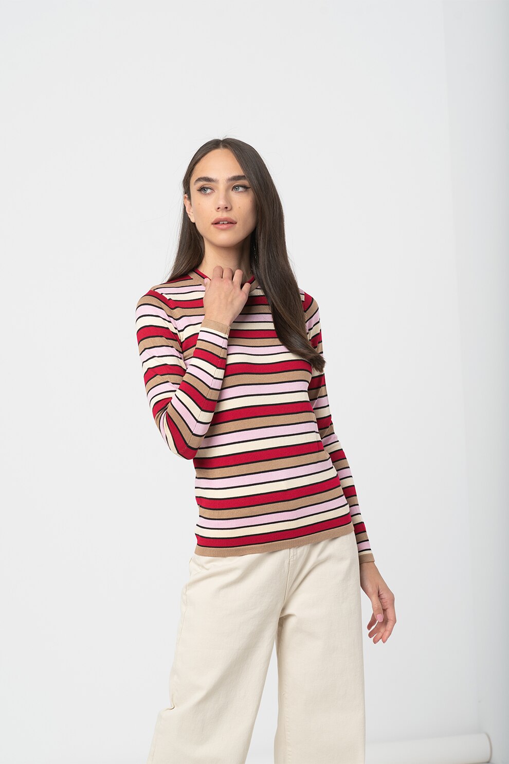 Sisters Point, Pulover cu model in dungi Hotti, Roz/Roşu/Maro camel