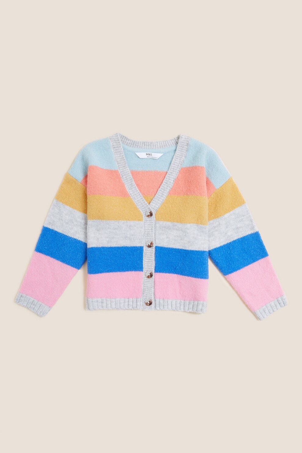 Marks & Spencer, Cardigan cu model colorblock si terminatii striate, Albastru/Roz/Oranj