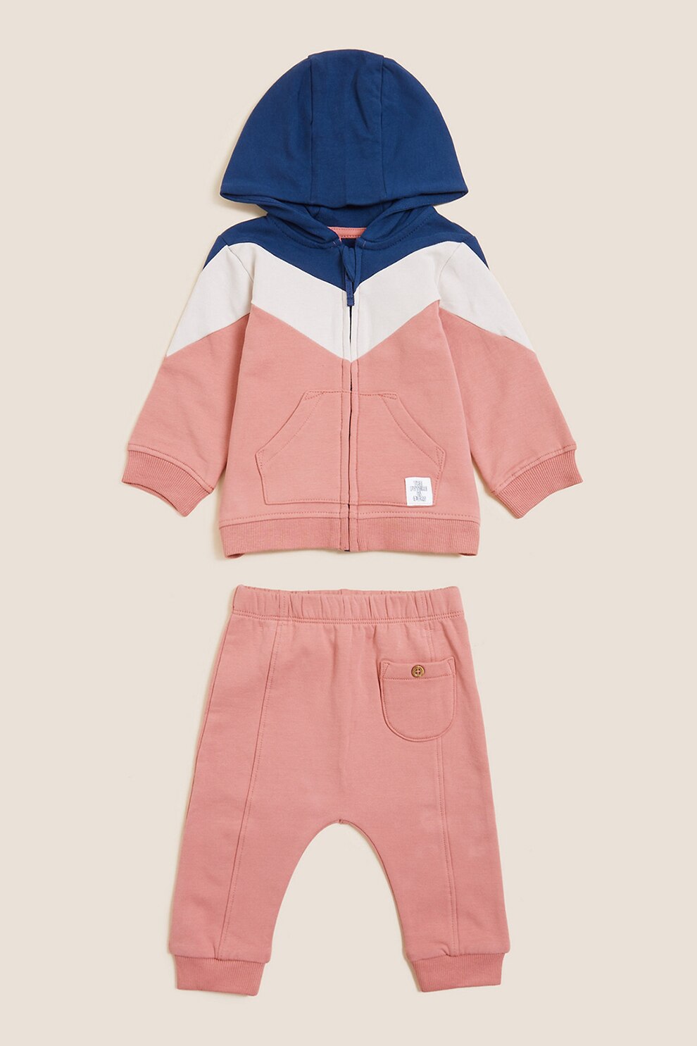 Marks & Spencer, Set de pantaloni si hanorac cu fermoar - 2 piese, Rosu stins/Albastru inchis/Alb prafuit