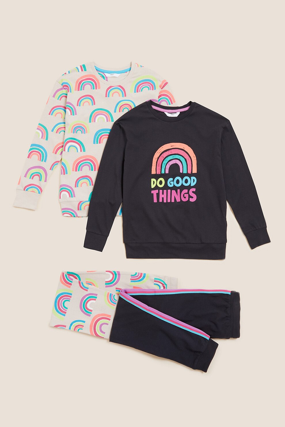 Marks & Spencer, Set de pijama cu pantaloni lungi si imprimeu - 4 piese, Negru/Crem/Albastru aqua