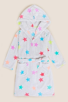 Marks & Spencer, Halat de baie cu imprimeu, buzunare si cordon in talie, Gri deschis melange/Albastru aqua/Roz, 146-152 CM Standard Marks & Spencer, Halat de baie cu imprimeu, buzunare si cordon in talie, Gri deschis melange/Albastru aqua/Roz, 146-152 CM Standard