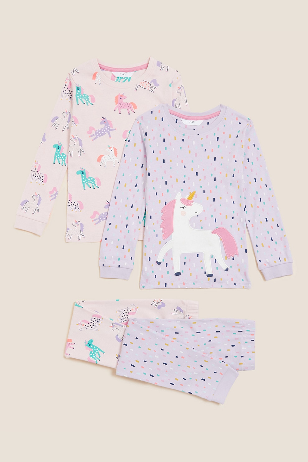 Marks & Spencer, Set de pijama de bumbac cu imprimeu - 2 piese, Roz pal/Purpuriu deschis/Albastru aqua