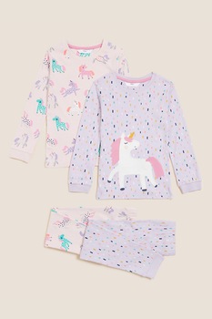 Marks & Spencer, Set de pijama de bumbac cu imprimeu - 2 piese, Roz pal/Purpuriu deschis/Albastru aqua Marks & Spencer, Set de pijama de bumbac cu imprimeu - 2 piese, Roz pal/Purpuriu deschis/Albastru aqua