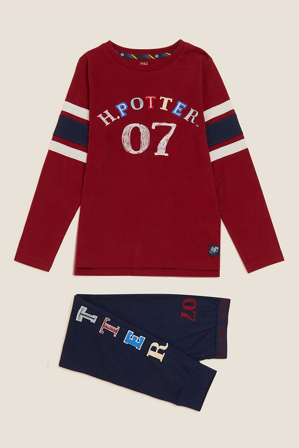 Marks & Spencer, Pijama de bumbac cu imprimeu Harry Potter, Bordeaux/Bleumarin inchis