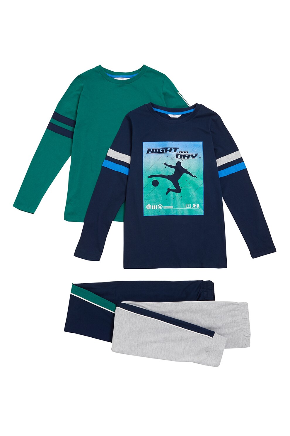 Marks & Spencer, Set de pijama de bumbac cu imprimeu - 2 piese, Bleumarin/Verde englez/Alb, 122-128 CM