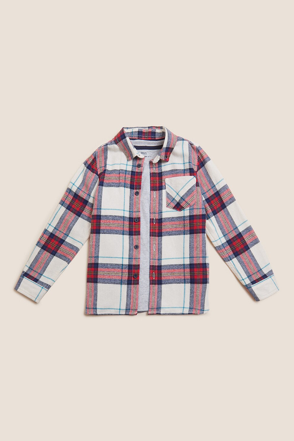 Marks & Spencer, Set de tricou si camasa de bumbac cu buzunar aplicat - 2 piese, Alb prafuit/Rosu/Bleumarin