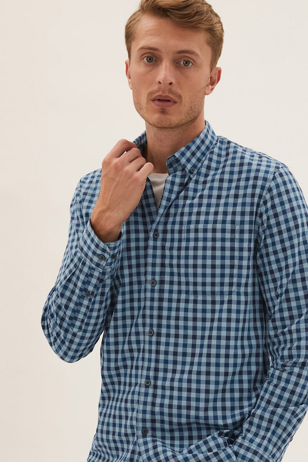 Marks & Spencer, Camasa in carouri cu guler fixat cu nasturi, Bleu/Bleumarin/Albastru petrol