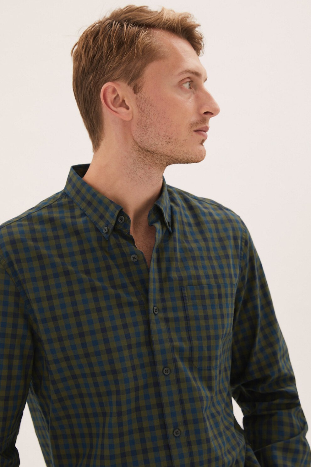 Marks & Spencer, Camasa in carouri cu guler fixat cu nasturi, Kaki/Albastru