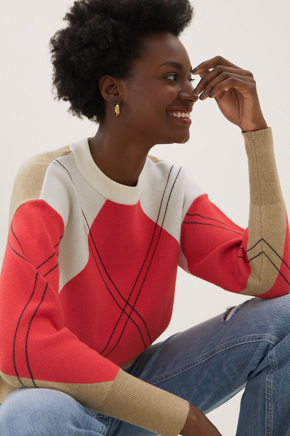 Marks & Spencer, Pulover cu aspect colorblock, Maro camel/Rosu vermilion/Alb, XL