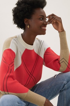 Marks & Spencer, Pulover cu aspect colorblock, Maro camel/Rosu vermilion/Alb, XL Marks & Spencer, Pulover cu aspect colorblock, Maro camel/Rosu vermilion/Alb, XL