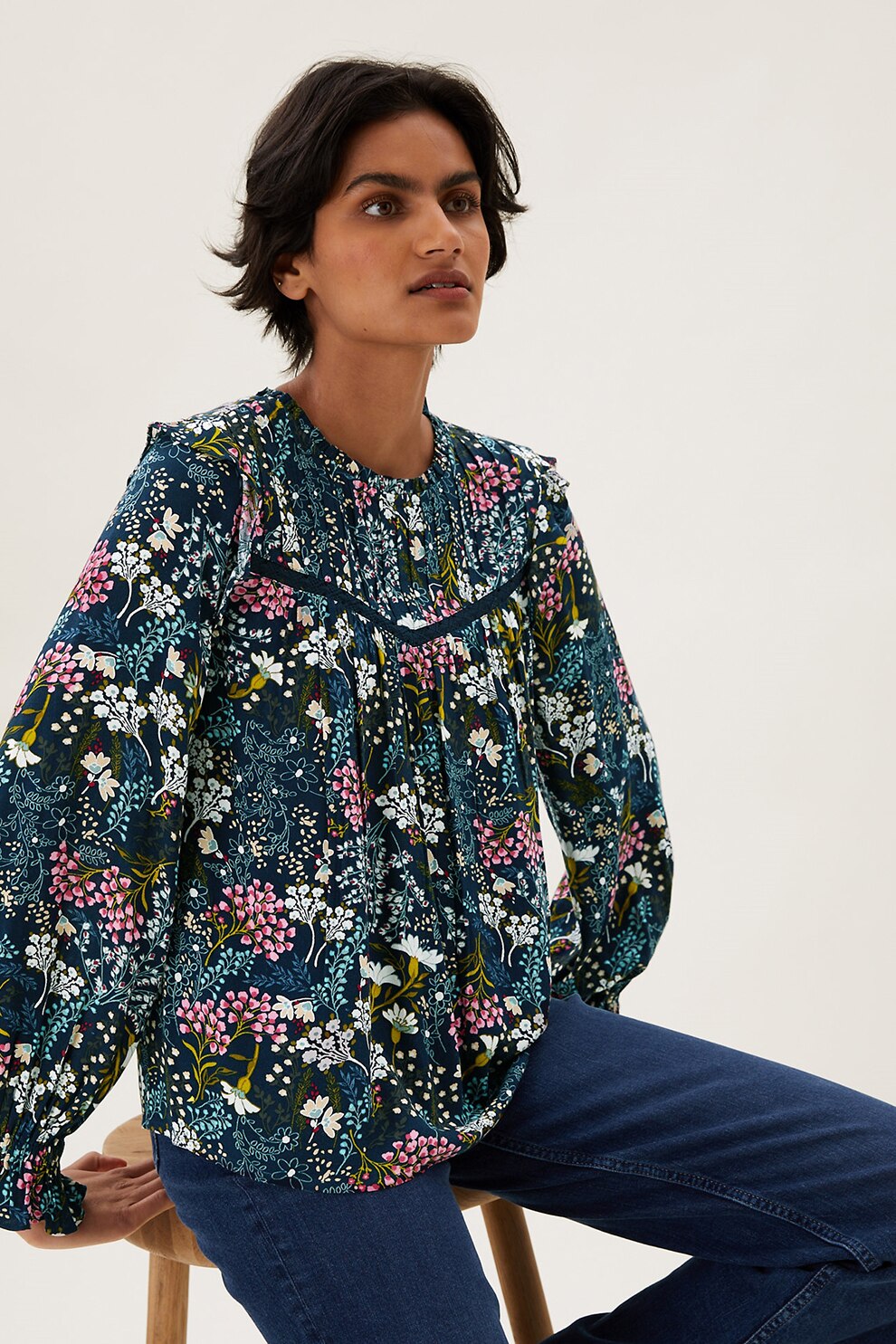 Marks & Spencer, Bluza cu maneci lungi si imprimeu, Albastru/Roz/Verde maslina