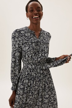 Marks & Spencer, Rochie midi cu imprimeu floral si cordon talie, bleumarin inchis, alb Marks & Spencer, Rochie midi cu imprimeu floral si cordon talie, bleumarin inchis, alb