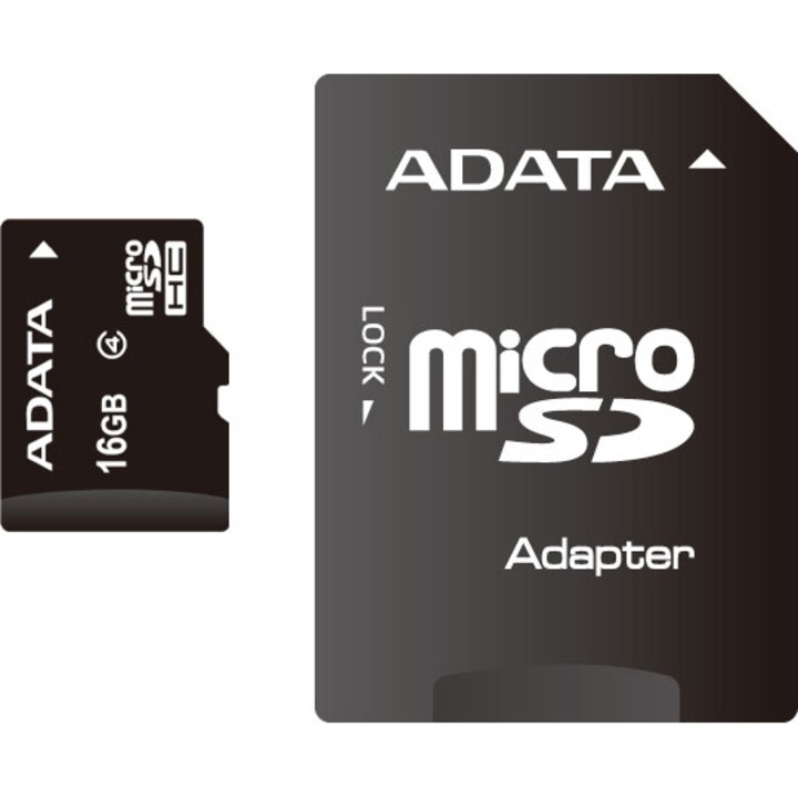 Карта памет ADATA MicroSDHC, 16GB, Class 4 + адаптер