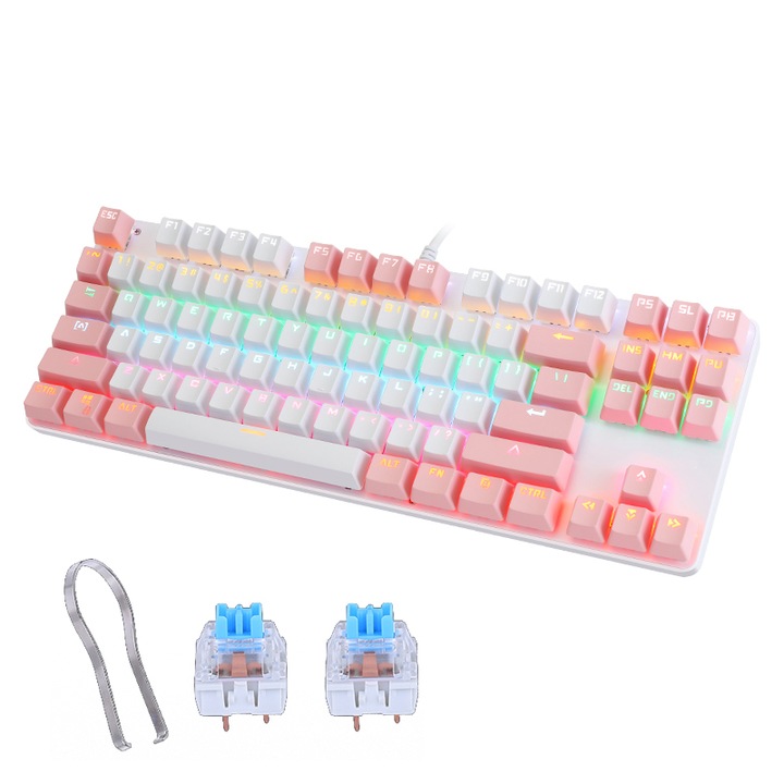 Tastatura mecanica gaming WELUOT, Iluminare RGB, Comutator Outemu, Taste multimedia, Roz/Alb