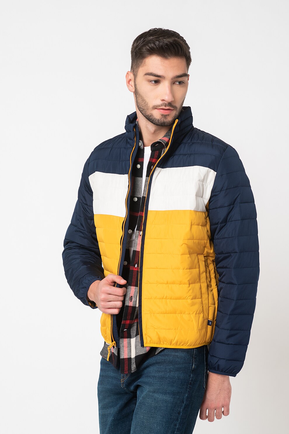 GAP, Geaca usoara cu design colorblock, Bleumarin/Alb/Galben
