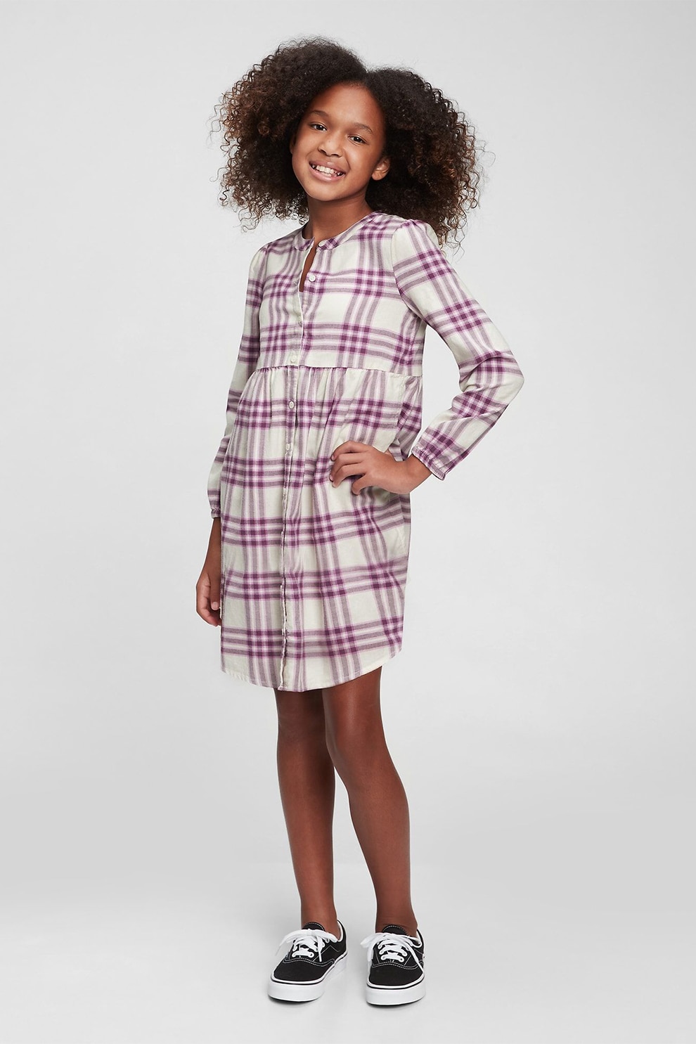 GAP, Rochie cu model in carouri si nasturi, Alb prafuit/violet