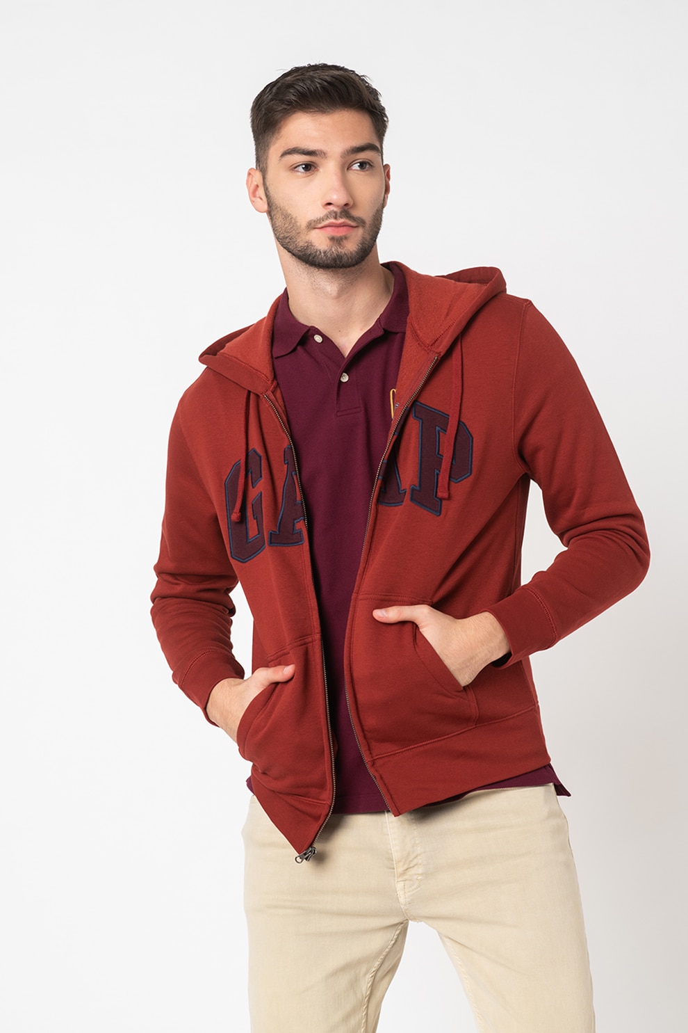 GAP, Hanorac cu fermoar si logo, Rosu inchis/bleumarin/violet pruna